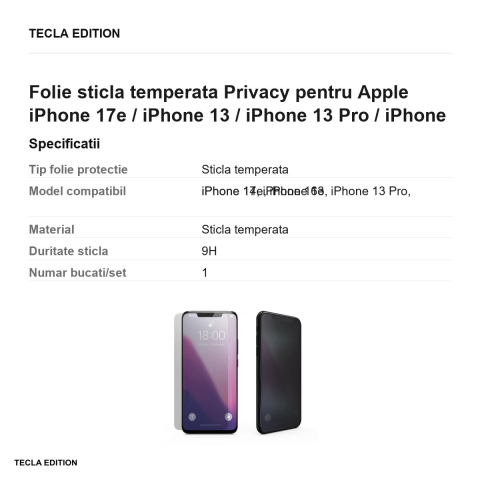 Folie sticla temperata Privacy pentru Apple iPhone 17e / iPhone 13 / iPhone 13 Pro / iPhone 14 / iPhone 16e [2]