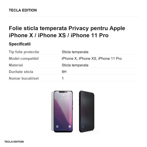Folie sticla temperata Privacy pentru Apple iPhone X / iPhone XS / iPhone 11 Pro [2]