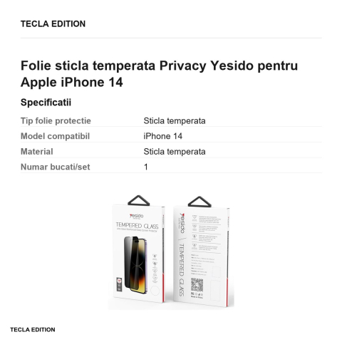 Folie sticla temperata Privacy Yesido pentru Apple iPhone 14 [2]