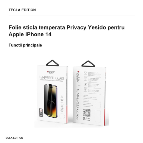 Folie sticla temperata Privacy Yesido pentru Apple iPhone 14 [1]