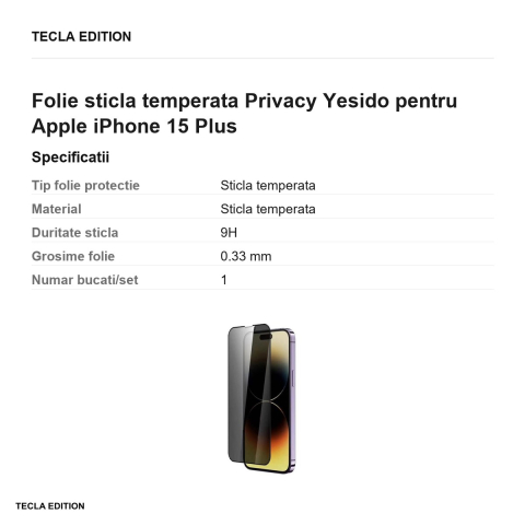 Folie sticla temperata Privacy Yesido pentru Apple iPhone 15 Plus [2]