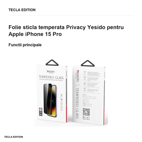Folie sticla temperata Privacy Yesido pentru Apple iPhone 15 Pro [1]