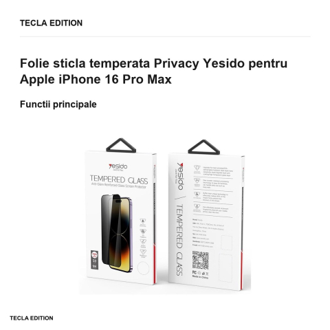 Folie sticla temperata Privacy Yesido pentru Apple iPhone 16 Pro Max [1]
