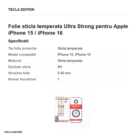 Folie sticla temperata Ultra Strong pentru Apple iPhone 15 / iPhone 16 [2]
