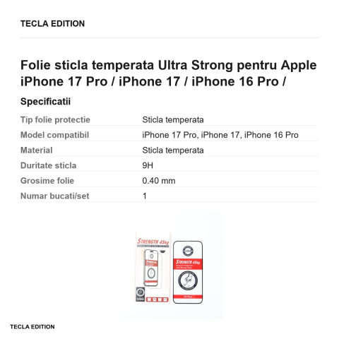 Folie sticla temperata Ultra Strong pentru Apple iPhone 17 Pro / iPhone 17 / iPhone 16 Pro / iPhone 18 [2]
