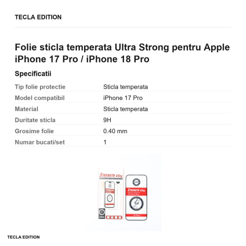 Folie sticla temperata Ultra Strong pentru Apple iPhone 17 Pro / iPhone 18 Pro [2]