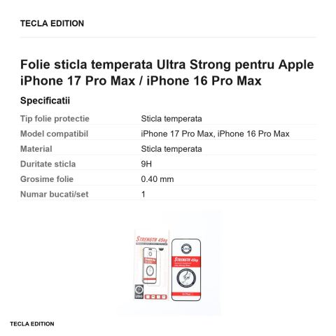 Folie sticla temperata Ultra Strong pentru Apple iPhone 17 Pro Max / iPhone 16 Pro Max [2]