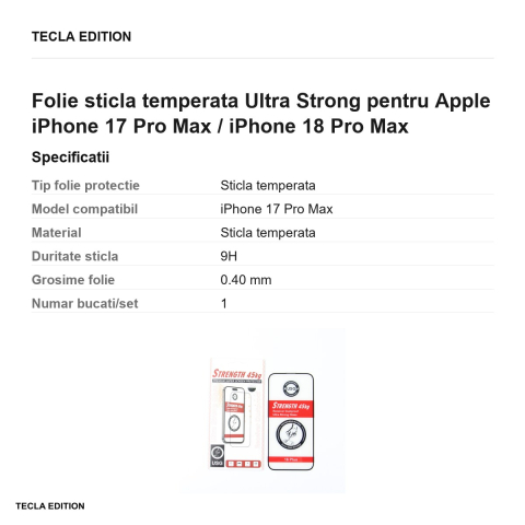 Folie sticla temperata Ultra Strong pentru Apple iPhone 17 Pro Max / iPhone 18 Pro Max [2]