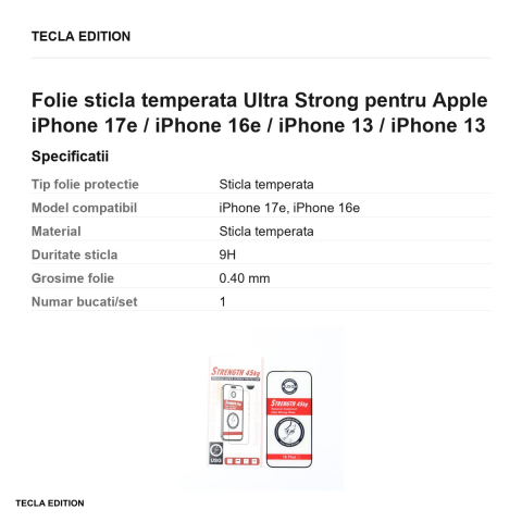 Folie sticla temperata Ultra Strong pentru Apple iPhone 17e / iPhone 16e / iPhone 13 / iPhone 13 Pro / iPhone 14 [2]