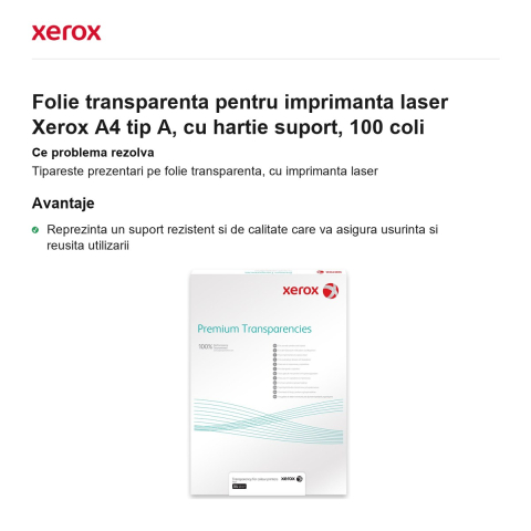 Folie transparenta pentru imprimanta laser Xerox A4 tip A, cu hartie suport, 100 coli [1]