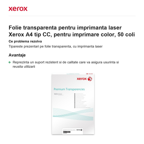Folie transparenta pentru imprimanta laser Xerox A4 tip CC, pentru imprimare color, 50 coli [1]