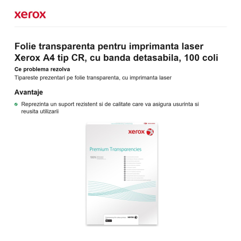 Folie transparenta pentru imprimanta laser Xerox A4 tip CR, cu banda detasabila, 100 coli [1]