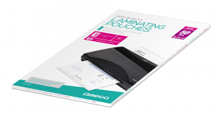 Laminatoare hartie - Folii laminare Omega 43503, 20 bucati A4, 20 bucati A5 si 10 pentru carti de vizita, pentru laminare la cald, 80 microni, lucioase, set 50 bucati