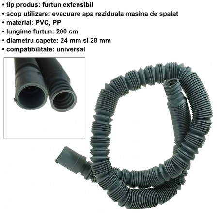 Furtun extensibil evacuare, scurgere pentru masina de spalat, FEE-2M, 2m lungime, 2.4-2.8cm diametru, gri [4]