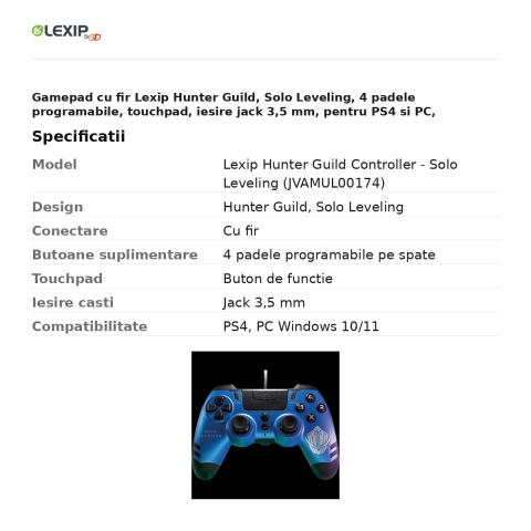 Gamepad cu fir Lexip Hunter Guild, Solo Leveling, 4 padele programabile, touchpad, iesire jack 3,5 mm, pentru PS4 si PC, JVAMUL00174 [2]