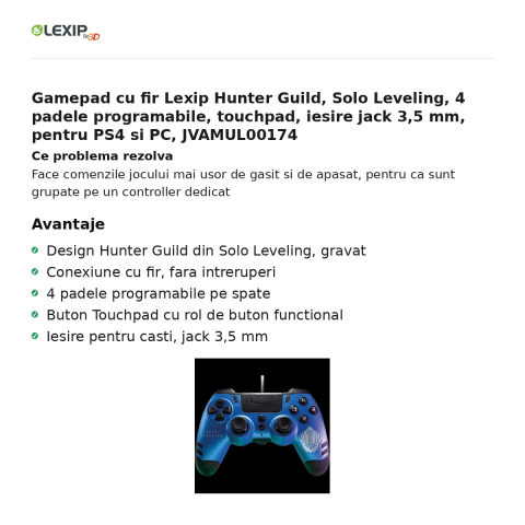 Gamepad cu fir Lexip Hunter Guild, Solo Leveling, 4 padele programabile, touchpad, iesire jack 3,5 mm, pentru PS4 si PC, JVAMUL00174 [1]