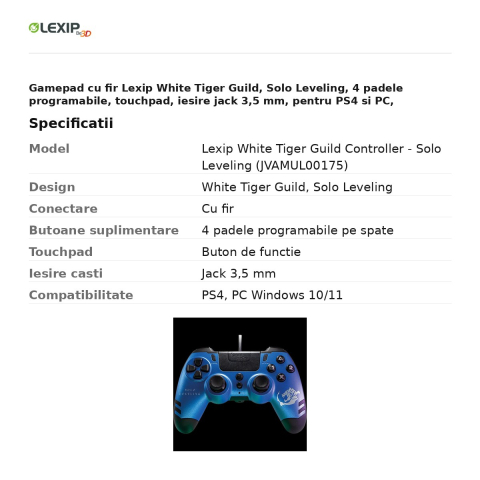 Gamepad cu fir Lexip White Tiger Guild, Solo Leveling, 4 padele programabile, touchpad, iesire jack 3,5 mm, pentru PS4 si PC, JVAMUL00175 [2]