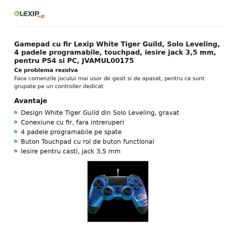 Gamepad cu fir Lexip White Tiger Guild, Solo Leveling, 4 padele programabile, touchpad, iesire jack 3,5 mm, pentru PS4 si PC, JVAMUL00175 [1]
