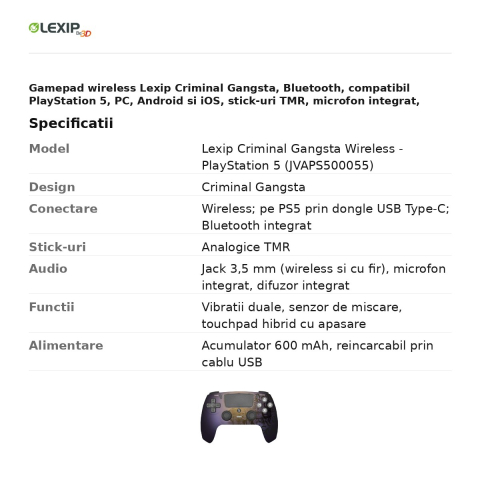 Gamepad wireless Lexip Criminal Gangsta, Bluetooth, compatibil PlayStation 5, PC, Android si iOS, stick-uri TMR, microfon integrat, acumulator 600 mAh, JVAPS500055 [2]