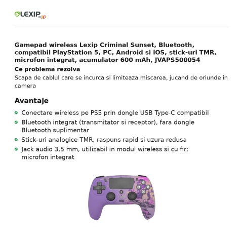 Gamepad wireless Lexip Criminal Sunset, Bluetooth, compatibil PlayStation 5, PC, Android si iOS, stick-uri TMR, microfon integrat, acumulator 600 mAh, JVAPS500054 [1]