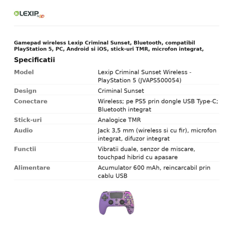 Gamepad wireless Lexip Criminal Sunset, Bluetooth, compatibil PlayStation 5, PC, Android si iOS, stick-uri TMR, microfon integrat, acumulator 600 mAh, JVAPS500054 [2]