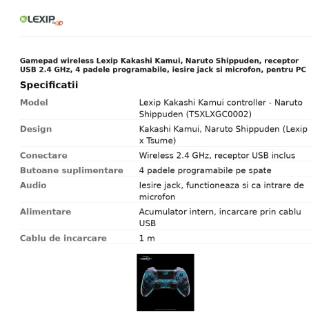 Gamepad wireless Lexip Kakashi Kamui, Naruto Shippuden, receptor USB 2.4 GHz, 4 padele programabile, iesire jack si microfon, pentru PC si Nintendo Switch, TSXLXGC0002 [2]