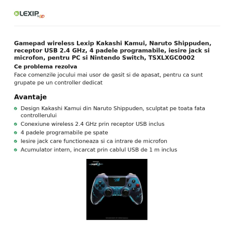 Gamepad wireless Lexip Kakashi Kamui, Naruto Shippuden, receptor USB 2.4 GHz, 4 padele programabile, iesire jack si microfon, pentru PC si Nintendo Switch, TSXLXGC0002 [1]