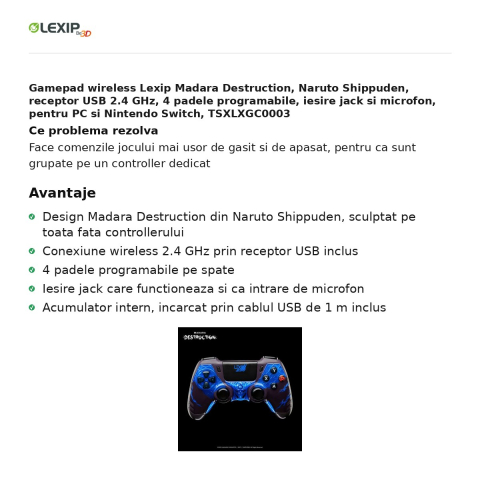 Gamepad wireless Lexip Madara Destruction, Naruto Shippuden, receptor USB 2.4 GHz, 4 padele programabile, iesire jack si microfon, pentru PC si Nintendo Switch, TSXLXGC0003 [1]
