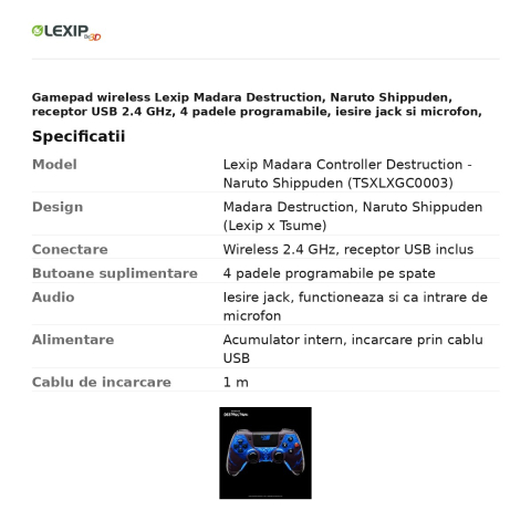 Gamepad wireless Lexip Madara Destruction, Naruto Shippuden, receptor USB 2.4 GHz, 4 padele programabile, iesire jack si microfon, pentru PC si Nintendo Switch, TSXLXGC0003 [2]