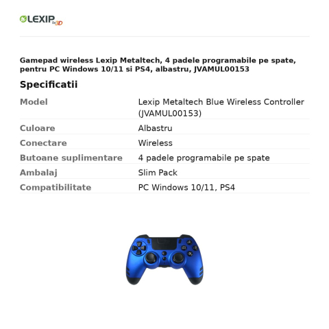 Gamepad wireless Lexip Metaltech, 4 padele programabile pe spate, pentru PC Windows 10/11 si PS4, albastru, JVAMUL00153 [2]