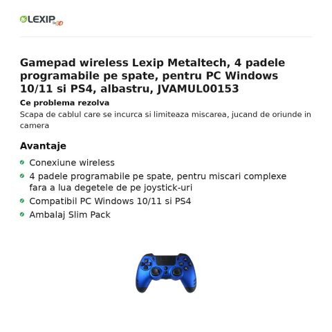 Gamepad wireless Lexip Metaltech, 4 padele programabile pe spate, pentru PC Windows 10/11 si PS4, albastru, JVAMUL00153 [1]