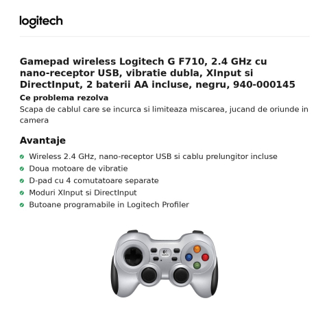 Gamepad wireless Logitech G F710, 2.4 GHz cu nano-receptor USB, vibratie dubla, XInput si DirectInput, 2 baterii AA incluse, negru, 940-000145 [1]