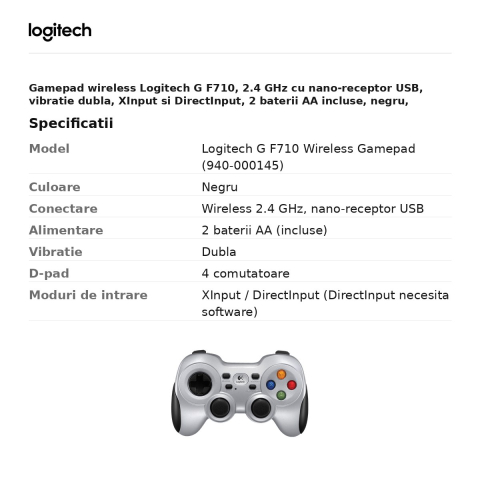 Gamepad wireless Logitech G F710, 2.4 GHz cu nano-receptor USB, vibratie dubla, XInput si DirectInput, 2 baterii AA incluse, negru, 940-000145 [2]