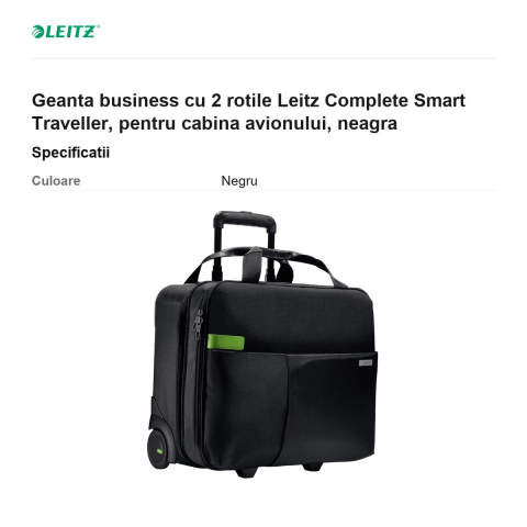 Geanta business cu 2 rotile Leitz Complete Smart Traveller, pentru cabina avionului, neagra [2]