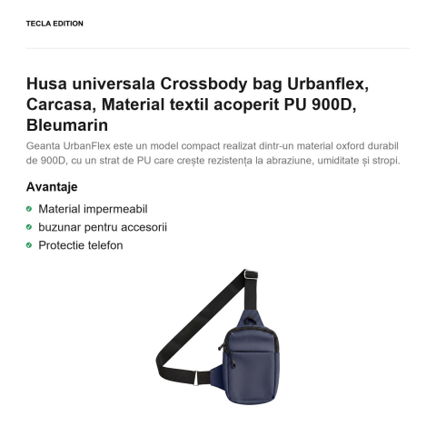 Geanta crossbody Urbanflex pentru telefon, material textil oxford 900D acoperit PU, impermeabila, curea reglabila pana la 125 cm, cu buzunar pentru accesorii, Bleumarin [1]
