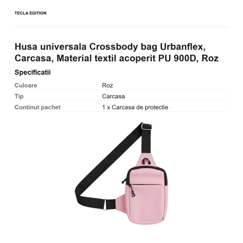 Geanta crossbody Urbanflex pentru telefon, material textil oxford 900D acoperit PU, impermeabila, curea reglabila pana la 125 cm, cu buzunar pentru accesorii, Roz [2]