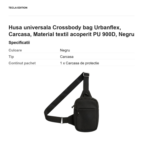Geanta crossbody Urbanflex pentru telefon, material textil oxford 900D acoperit PU, impermeabila, curea reglabila pana la 125 cm, cu buzunar pentru accesorii, Neagra [2]