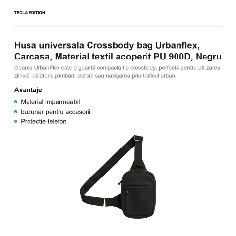 Geanta crossbody Urbanflex pentru telefon, material textil oxford 900D acoperit PU, impermeabila, curea reglabila pana la 125 cm, cu buzunar pentru accesorii, Neagra [1]