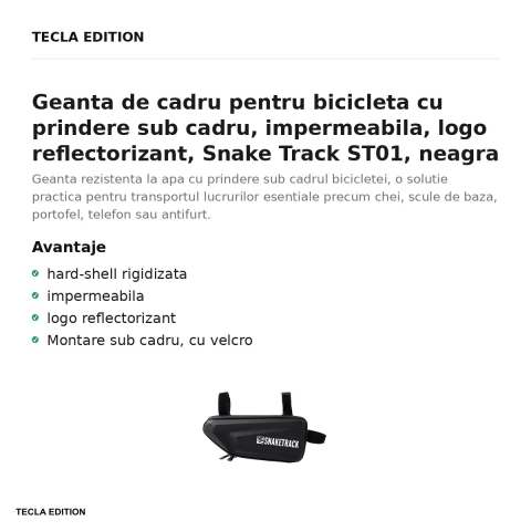 Geanta de cadru pentru bicicleta cu prindere sub cadru, impermeabila, logo reflectorizant, Snake Track ST01, neagra [1]