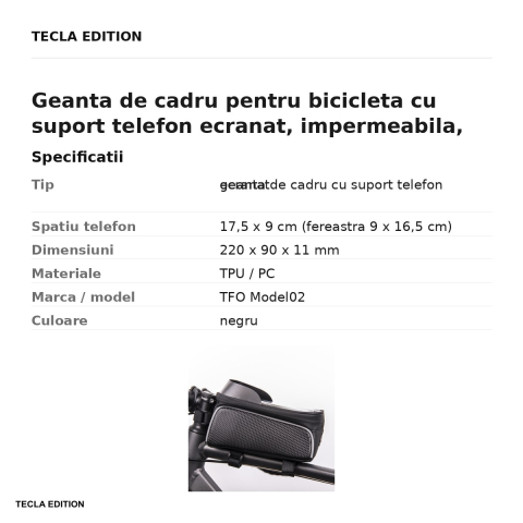 Geanta de cadru pentru bicicleta cu suport telefon ecranat, impermeabila, folie tactila, TFO Model02, neagra [2]