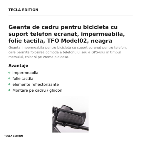 Geanta de cadru pentru bicicleta cu suport telefon ecranat, impermeabila, folie tactila, TFO Model02, neagra [1]