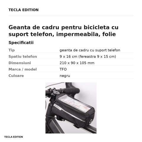 Geanta de cadru pentru bicicleta cu suport telefon, impermeabila, folie tactila, TFO, neagra [2]