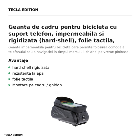 Geanta de cadru pentru bicicleta cu suport telefon, impermeabila si rigidizata (hard-shell), folie tactila, Forever Outdoor, neagra [1]