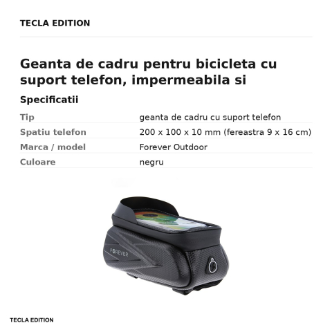 Geanta de cadru pentru bicicleta cu suport telefon, impermeabila si rigidizata (hard-shell), folie tactila, Forever Outdoor, neagra [2]
