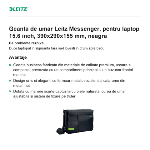 Geanta de umar Leitz Messenger, pentru laptop 15.6 inch, 390x290x155 mm, neagra [1]