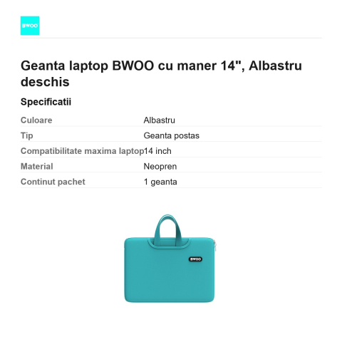 Geanta laptop BWOO cu maner 14", Albastru deschis [2]