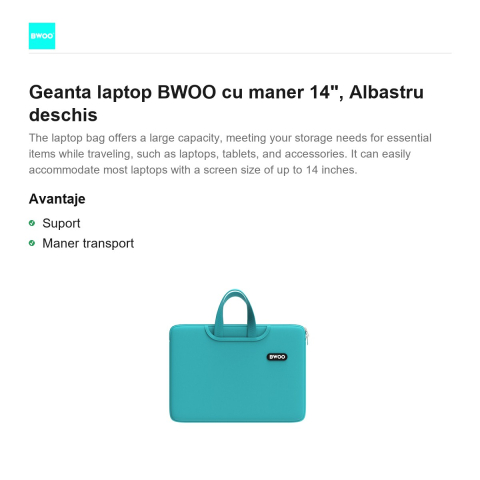 Geanta laptop BWOO cu maner 14", Albastru deschis [1]