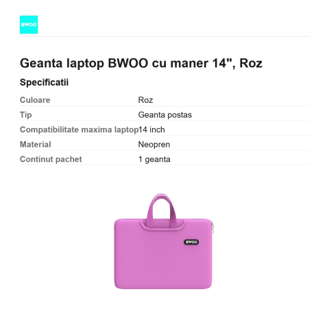 Geanta laptop BWOO cu maner 14", Roz [2]