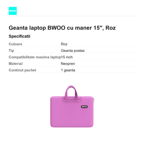 Geanta laptop BWOO cu maner 15", Roz [2]
