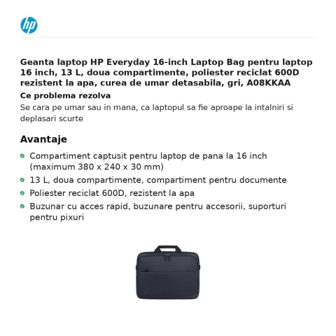 Geanta laptop HP Everyday 16-inch Laptop Bag pentru laptop 16 inch, 13 L, doua compartimente, poliester reciclat 600D rezistent la apa, curea de umar detasabila, gri, A08KKAA [1]